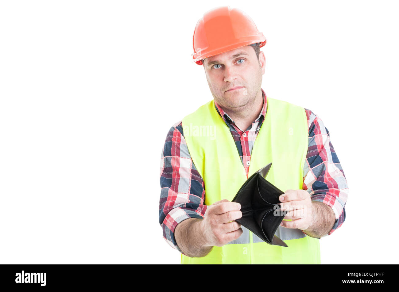 No money left concept with young builder feeling disappointed isolated on white background Stock Photo