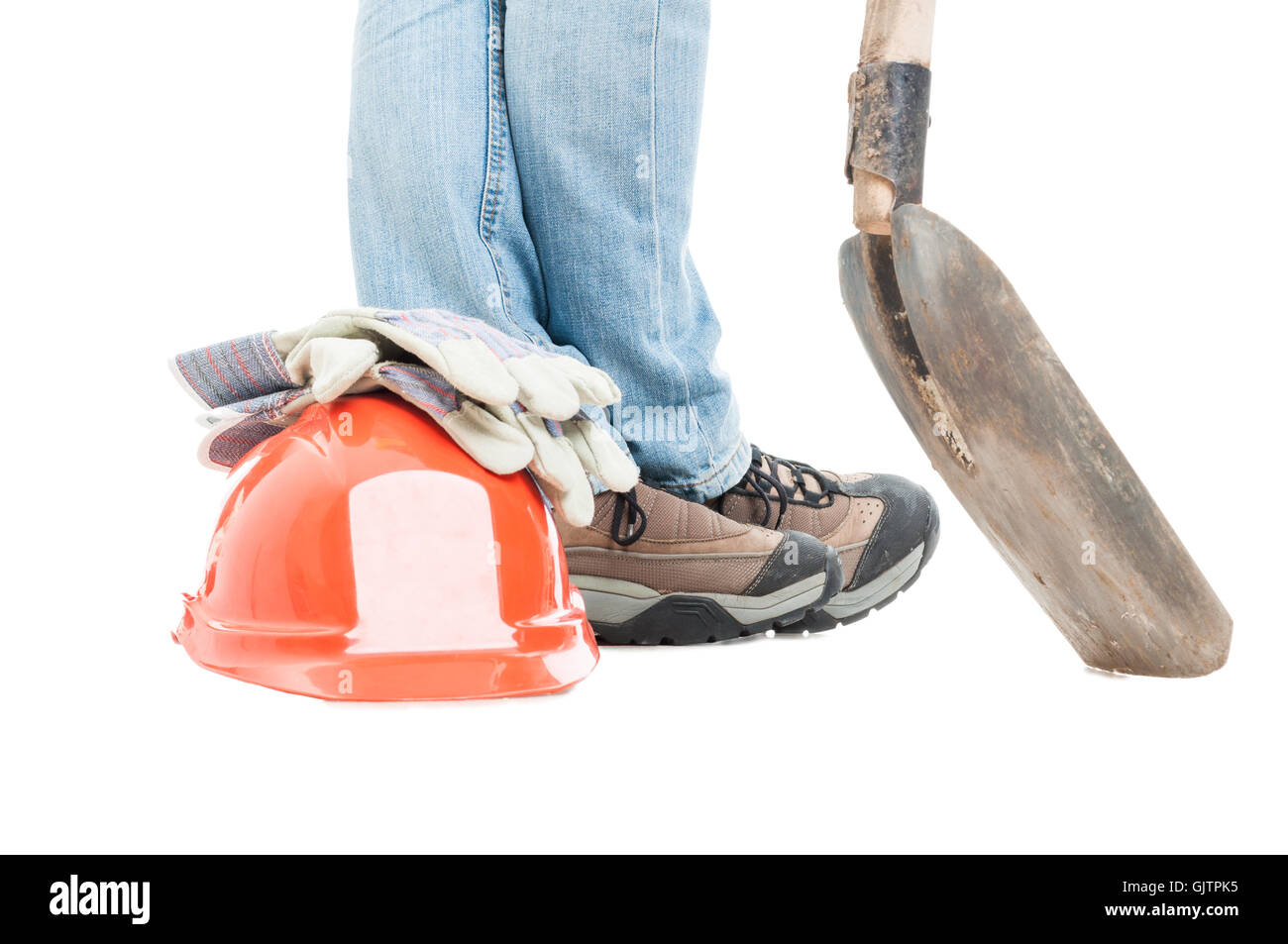 Male constructor with work tool and safety equipment in closeup ...