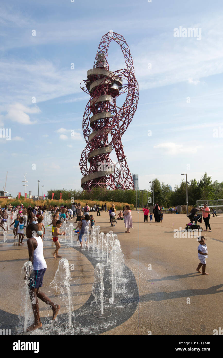 Orbit Tower in the distance at Queen Elizabeth Olympic Park, built for the 2012 Summer Olympics, Stratford City, London, England Stock Photo