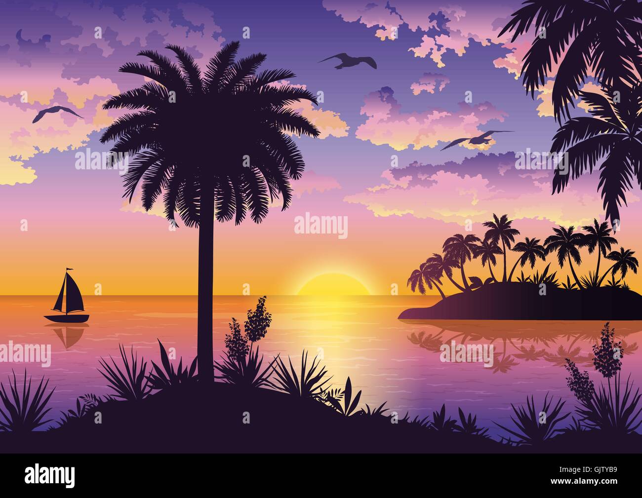 Tropical Sea Landscape with Palms and Ship Stock Vector Image & Art - Alamy