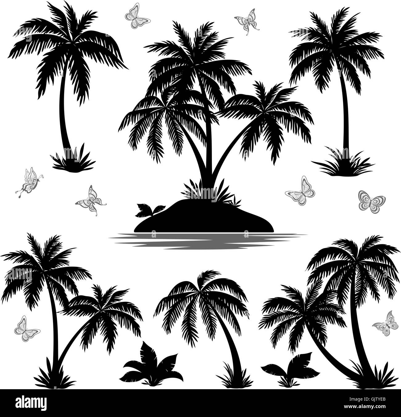 Tropical Island, Palms and Butterflies Silhouettes Stock Vector Image ...