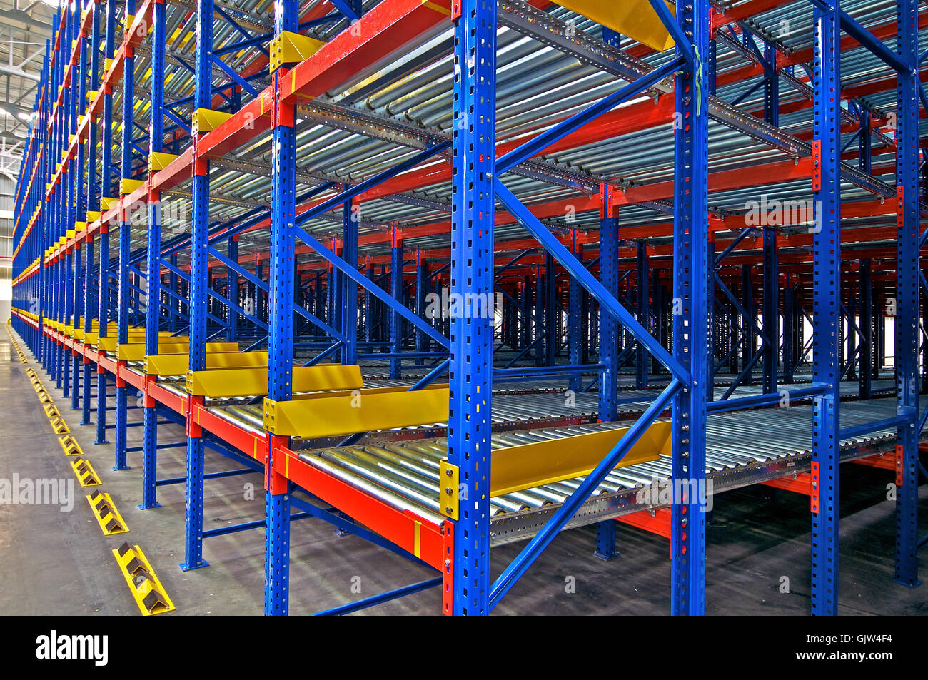 Warehouse  shelving storage Inside view of metal, pallet racking system Stock Photo