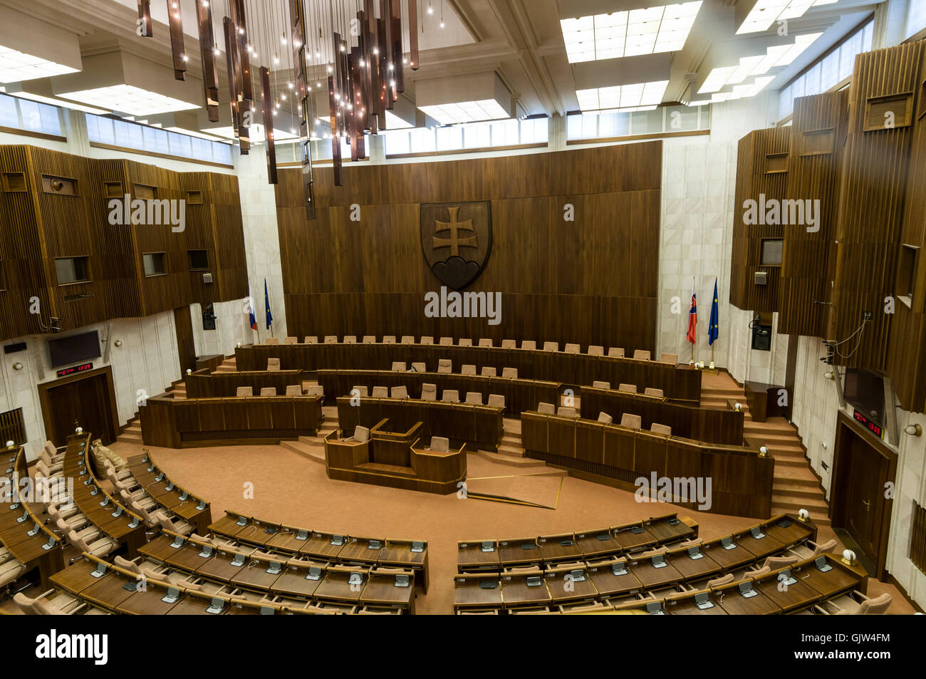 Inside the Slovak, Parliament is also the National Council of the Slovak Republic since 1992.   The Parliament has 150 seats for Stock Photo
