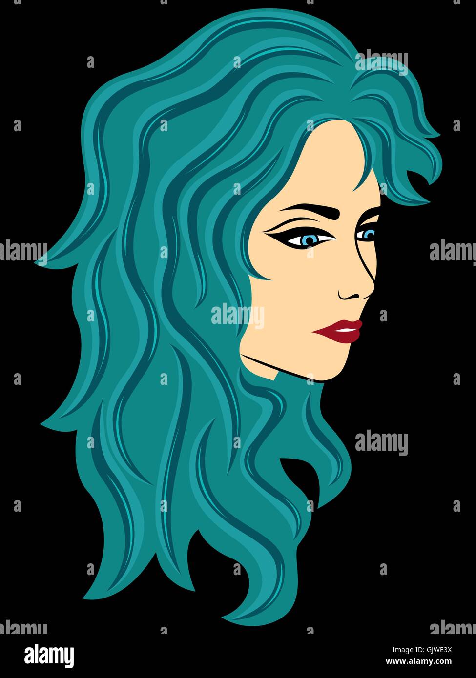 Abstract female half turn with turquoise wavy hair isolated on a black background, vector illustration Stock Vector