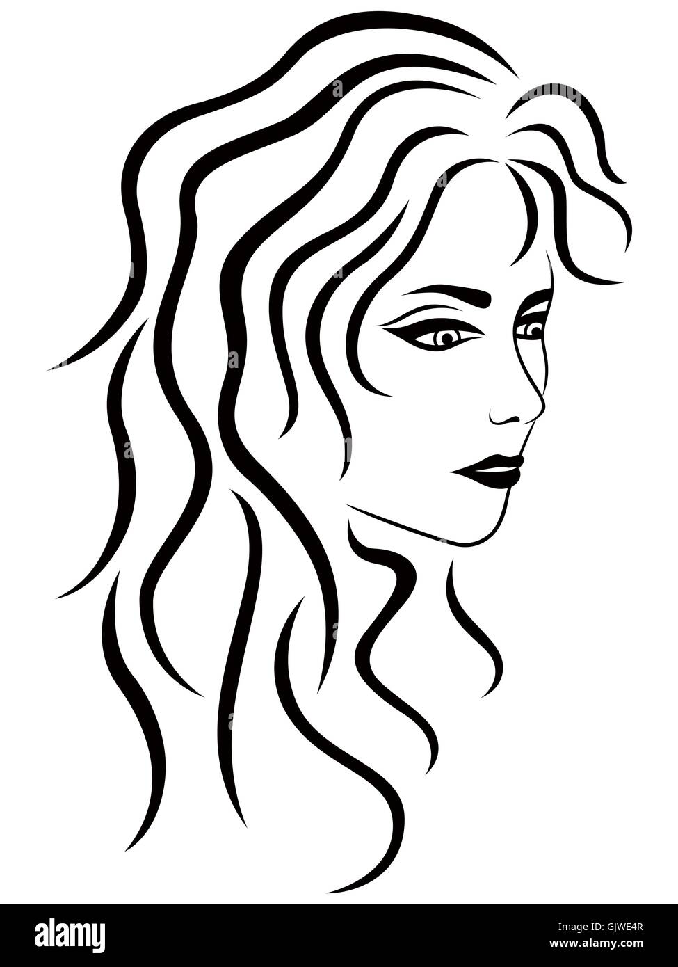 Abstract female with wavy hair half turn, vector black outline Stock Vector