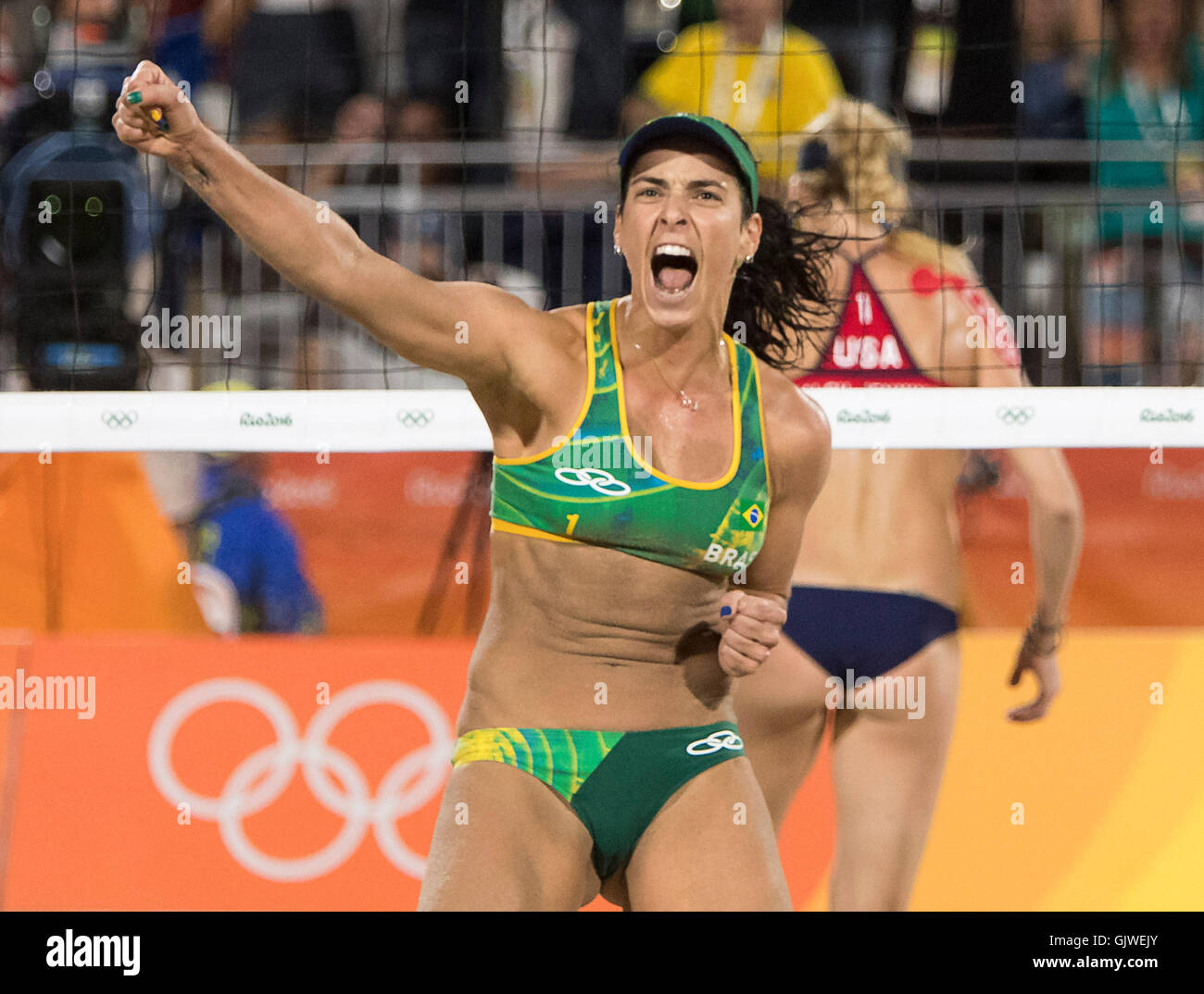 Rio de Janeiro, Brazil. 16th Aug, 2016. AGATHE RIPPEL BEDNARCZUK (BRA) reacts after she and Barbara Seixas de Freitas (BRA) beat Kerri Walsh Jennings (USA) and April Ross (USA) in the semifinals at Beach Volleyball Arena during the 2016 Rio Summer Olympics games. Credit:  Paul Kitagaki Jr./ZUMA Wire/Alamy Live News Stock Photo