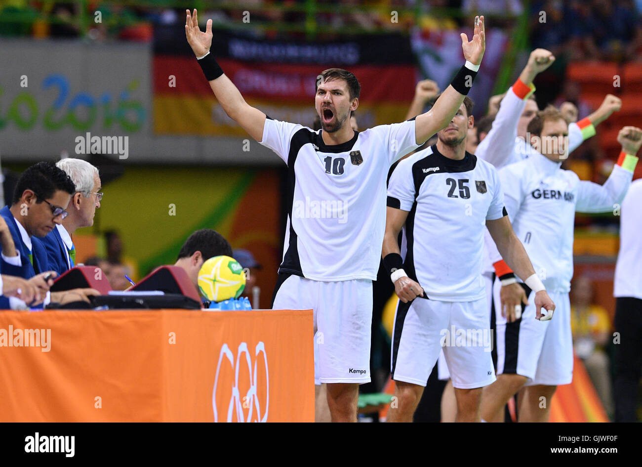 Rio de Janeiro, Brazil. 17th Aug, 2016. Fabian Wiede of Germany reacts during the Men's Quarterfinal match between Germany and Qatar of the Handball events during the Rio 2016 Olympic Games at the Carioca 2 Arena in the Olympic Park in Rio de Janeiro, Brazil, 17 August 2016. Photo: Lukas Schulze/dpa/Alamy Live News Stock Photo