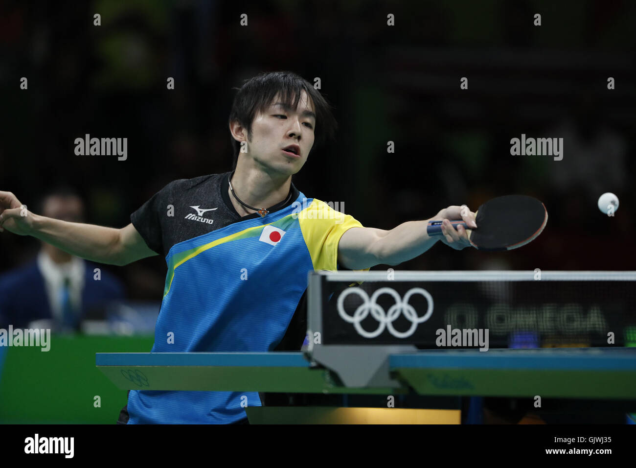 Rio De Janeiro, Brazil. 15th Aug, 2016. Japan's Koki Niwa competes during the men's team gold medal match of Tabel Tennis against China at the 2016 Rio Olympic Games in Rio de Janeiro, Brazil, on Aug. 15, 2016. © Sheng Bohan/Xinhua/Alamy Live News Stock Photo