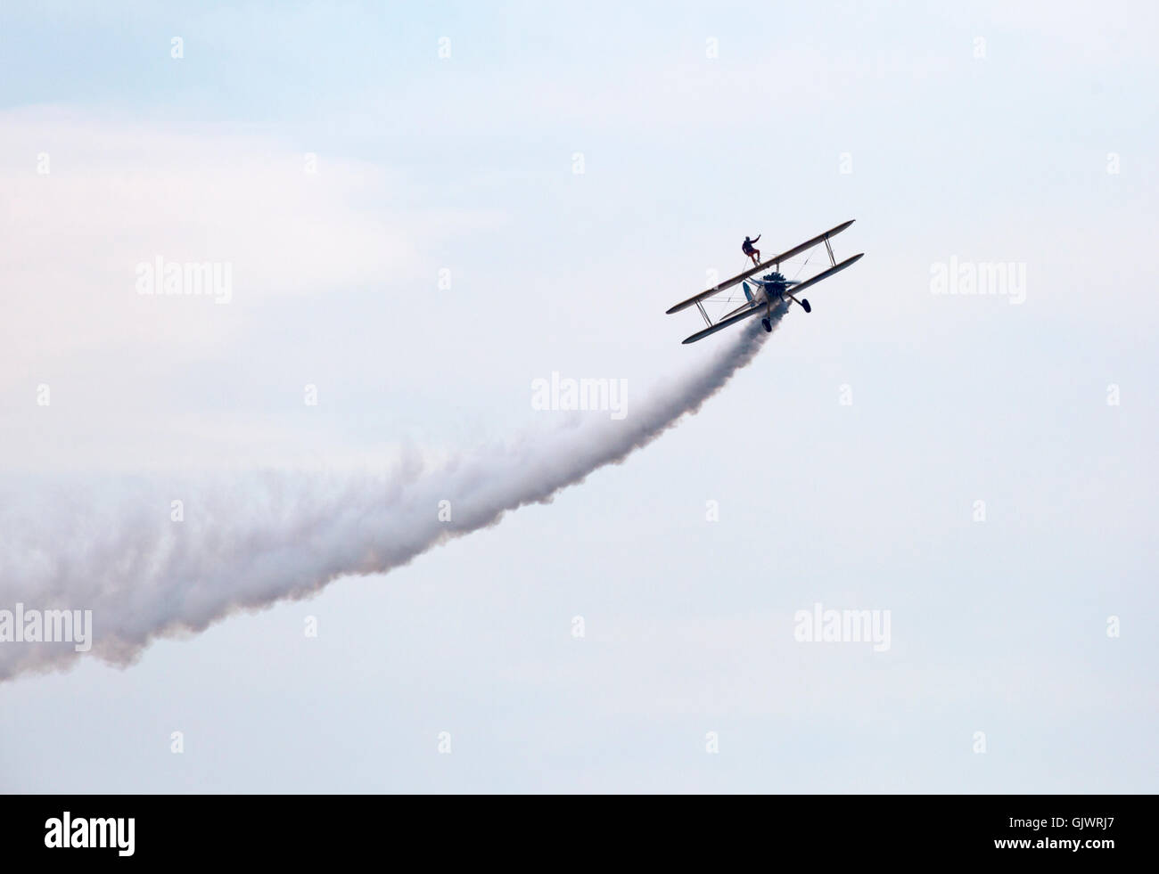 Bournemouth, UK. 18th Aug, 2016. Daredevil pensioner 85 year old Dawn Goodson does a wing walk on the opening day of the Bournemouth Air Festival. Dawn is wingwalking in memory of her husband, John, who passed away last year after battling Motor Neurone Disease, she is raising money for the charity. wingwalker wing walker wing walking. Credit:  Carolyn Jenkins/Alamy Live News Stock Photo