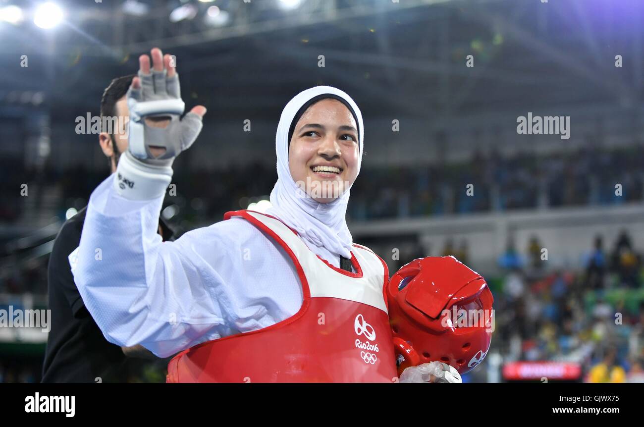 Hedaya Wahba (EGY) celebrates her win. Taekwondo. Carioca 3. Olympic Park. Rio de Janeiro. Brazil. 18/08/2016. Stock Photo