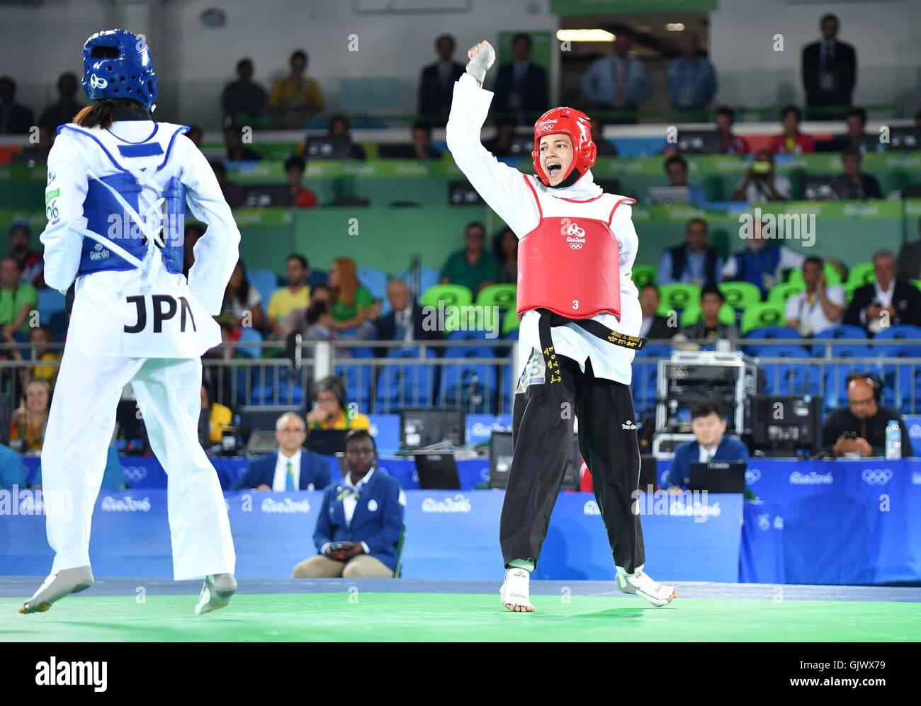 Mayu Hamada (JPN, blue) and Hedaya Wahba (EGY). Taekwondo. Carioca 3. Olympic Park. Rio de Janeiro. Brazil. 18/08/2016. Stock Photo