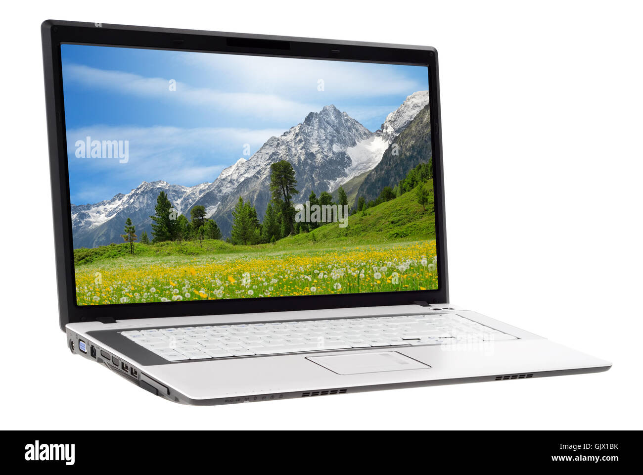 mountain scenery on laptop screen Stock Photo