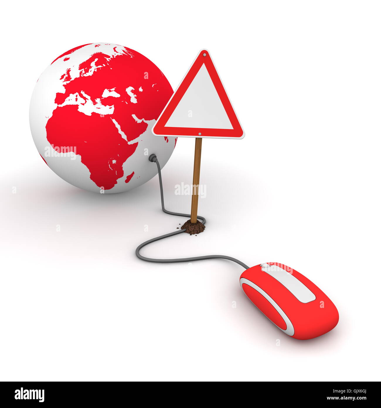 Surfing the Web in Red - Blocked by a Triangular Warning Sign Stock Photo