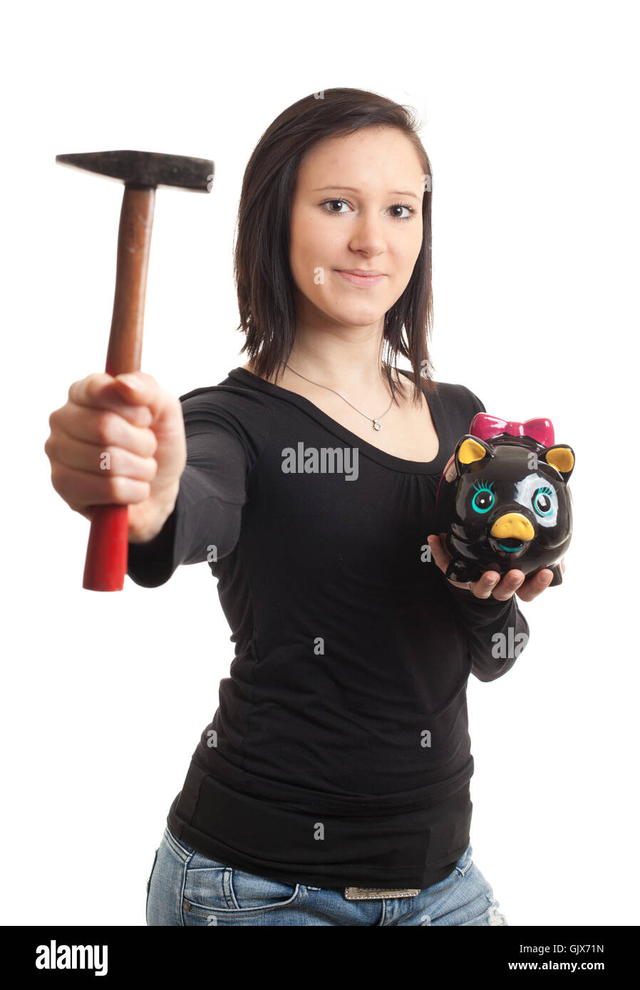 young woman piggy bank hammer Stock Photo - Alamy
