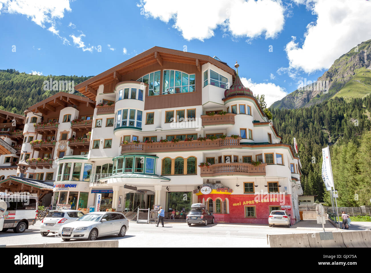 Hotel Gletscher and Intersports shop - Holidays in Tyrol Stock Photo