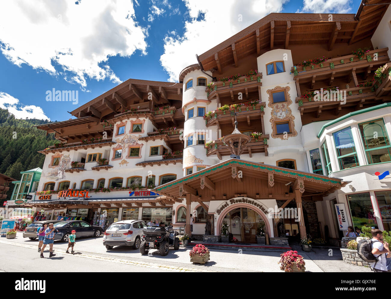 Hotel Gletscher and Intersports shop - Holidays in Tyrol Stock Photo