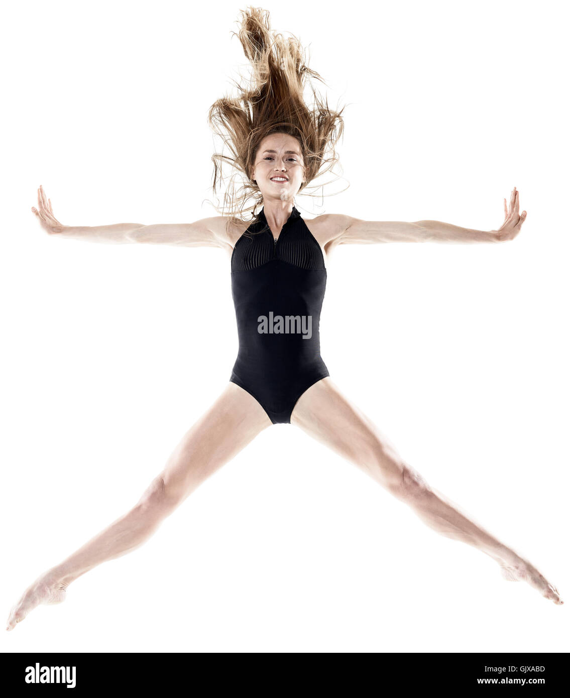 one caucasian woman dancer dancing in studio isolated on white background Stock Photo