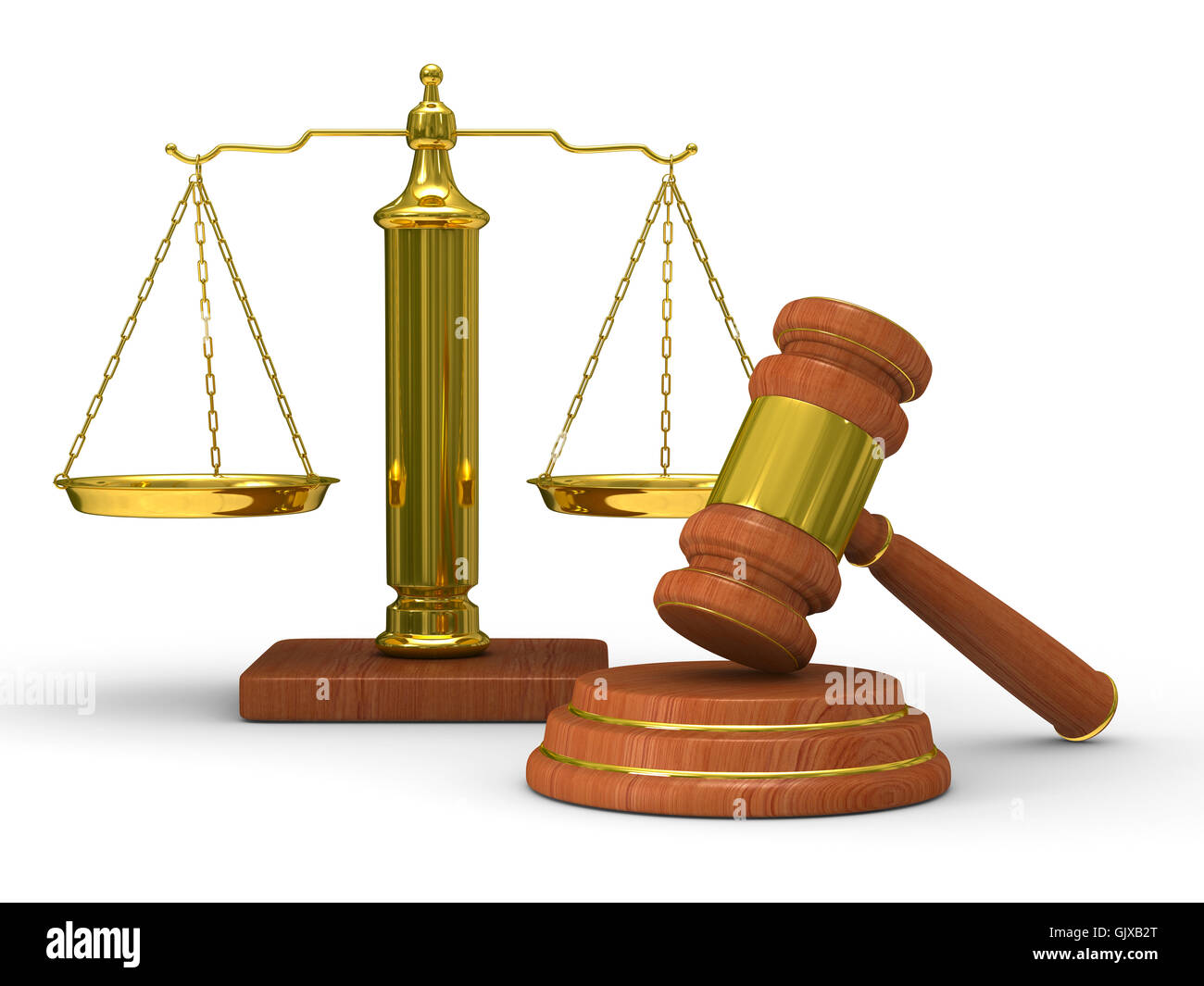 Scales justice and hammer on white background. Isolated 3D image Stock ...