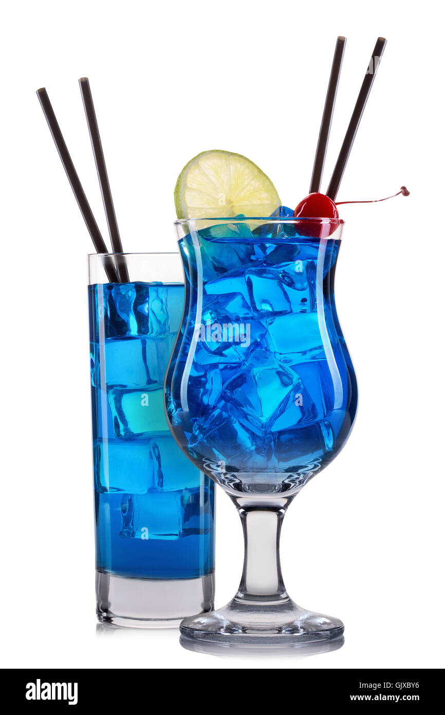 Set of blue cocktails with fruits and colorful straw isolated on white Stock Photo