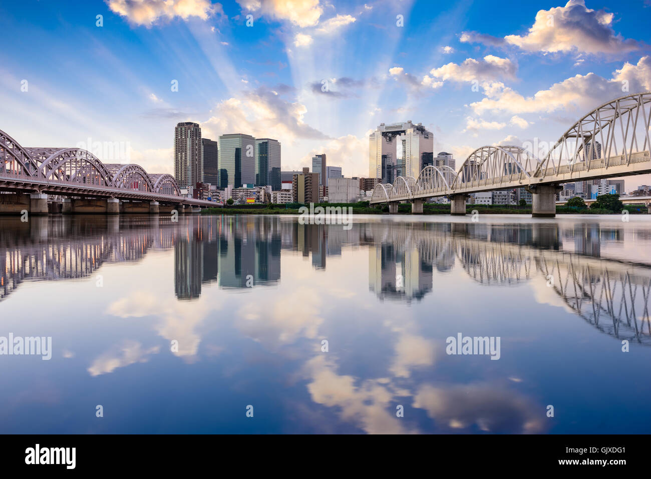 Osaka, Japan downtown skyline on the Yodogawa River at dawn. Stock Photo