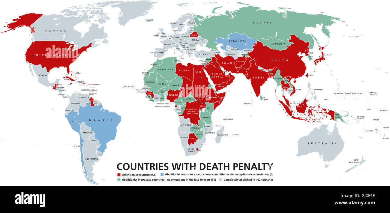 Death penalty countries world map. Retentionist states with capital punishment in red color. Stock Photo