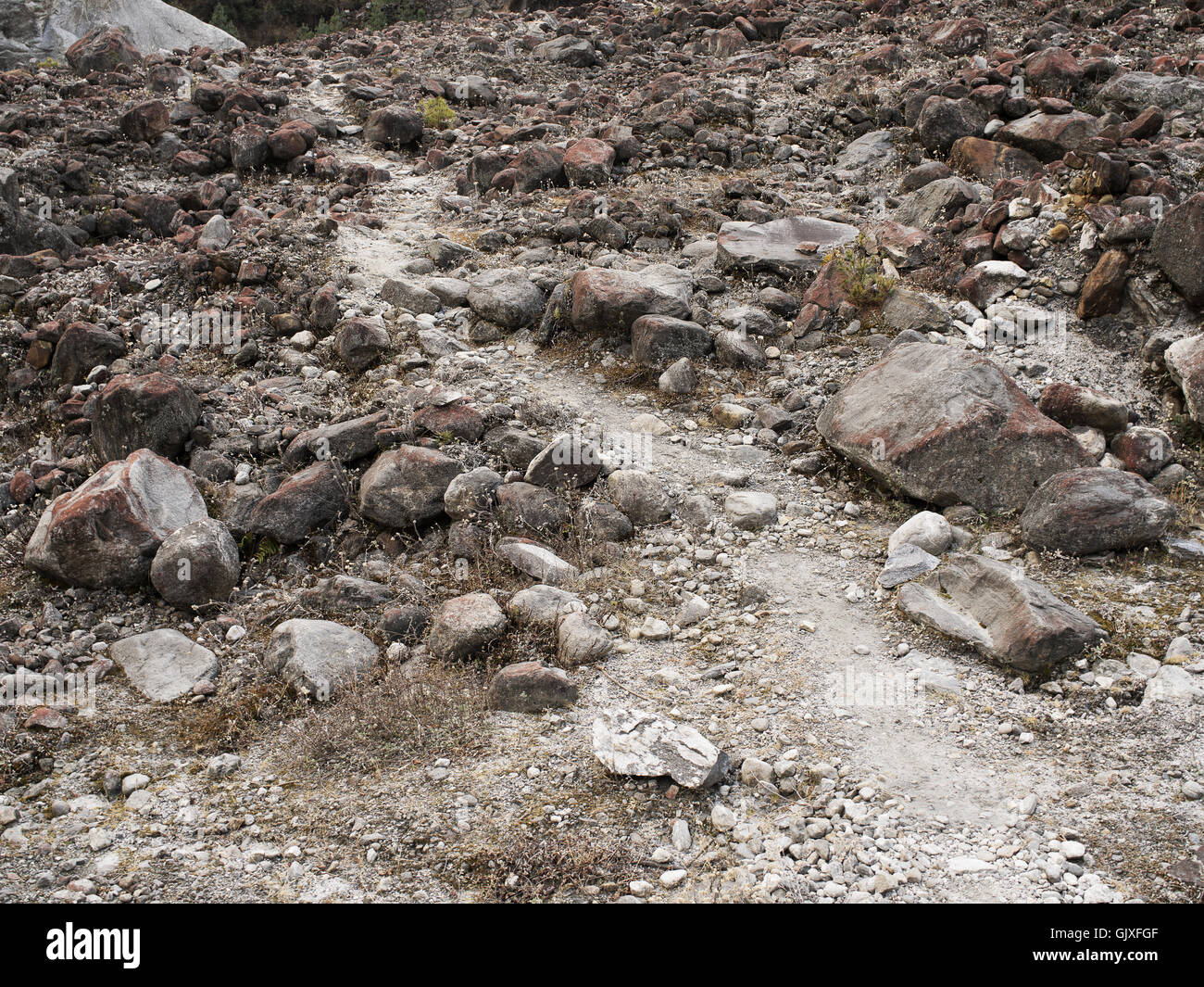 The mountainous, rocky path seen on Everest Base Camp Stock Photo