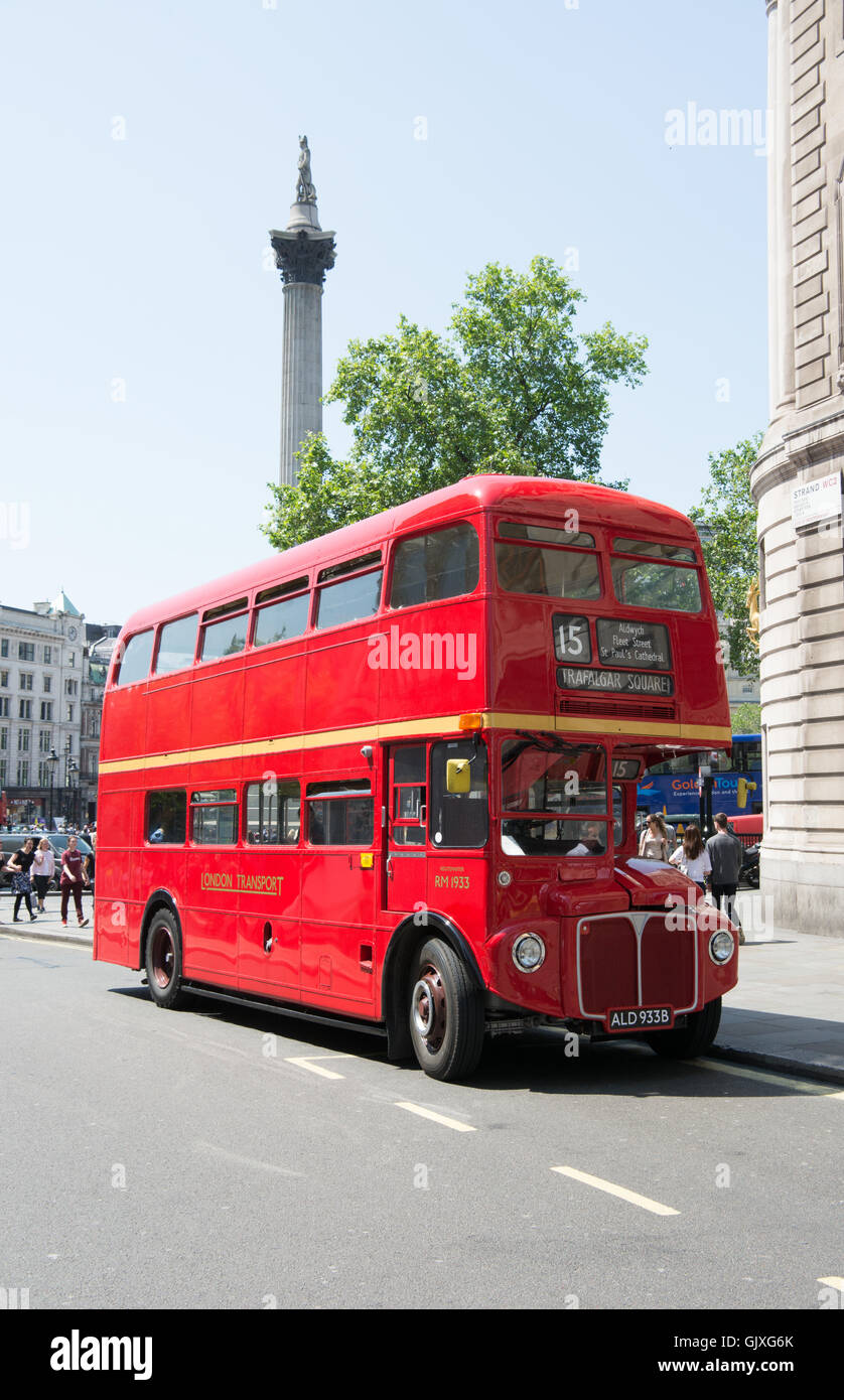 A Routemaster bus waits close to Trafalgar Square before starting on Heritage route 15 to the Tower of London Stock Photo