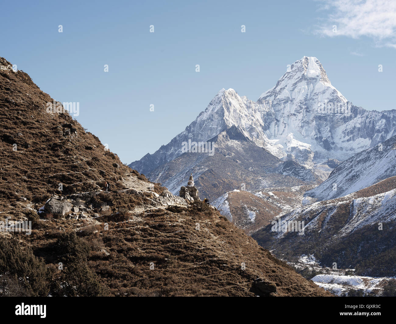 Hikers making their way through Nepal's Everest Base Camp near Tengboche Stock Photo