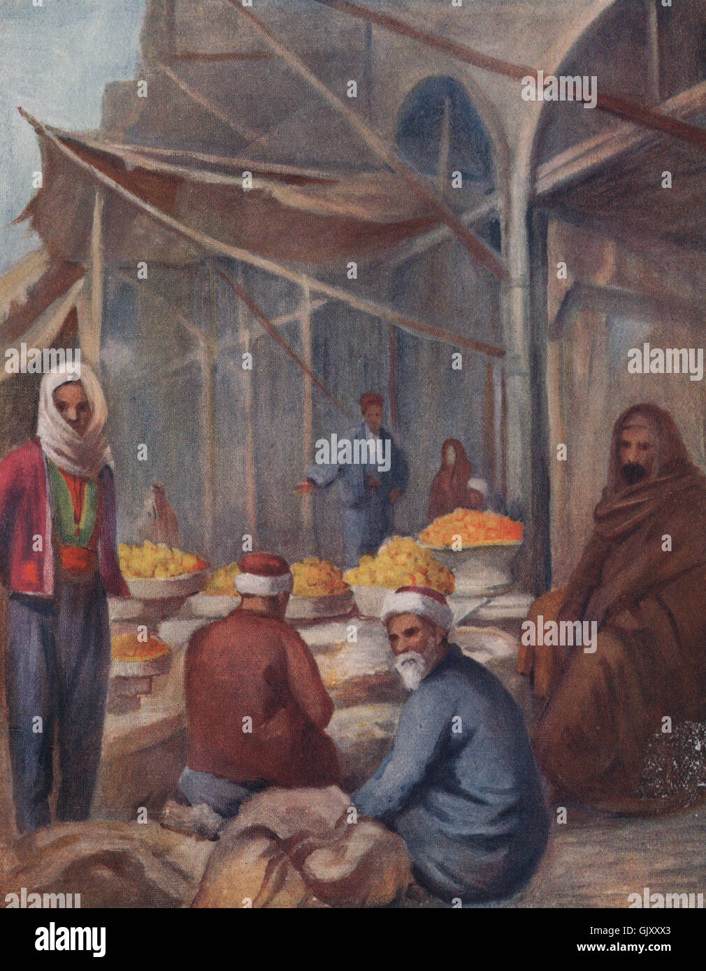 'In the fruit Bazaar, Damascus' by Margaret Thomas. Syria, antique print 1908 Stock Photo