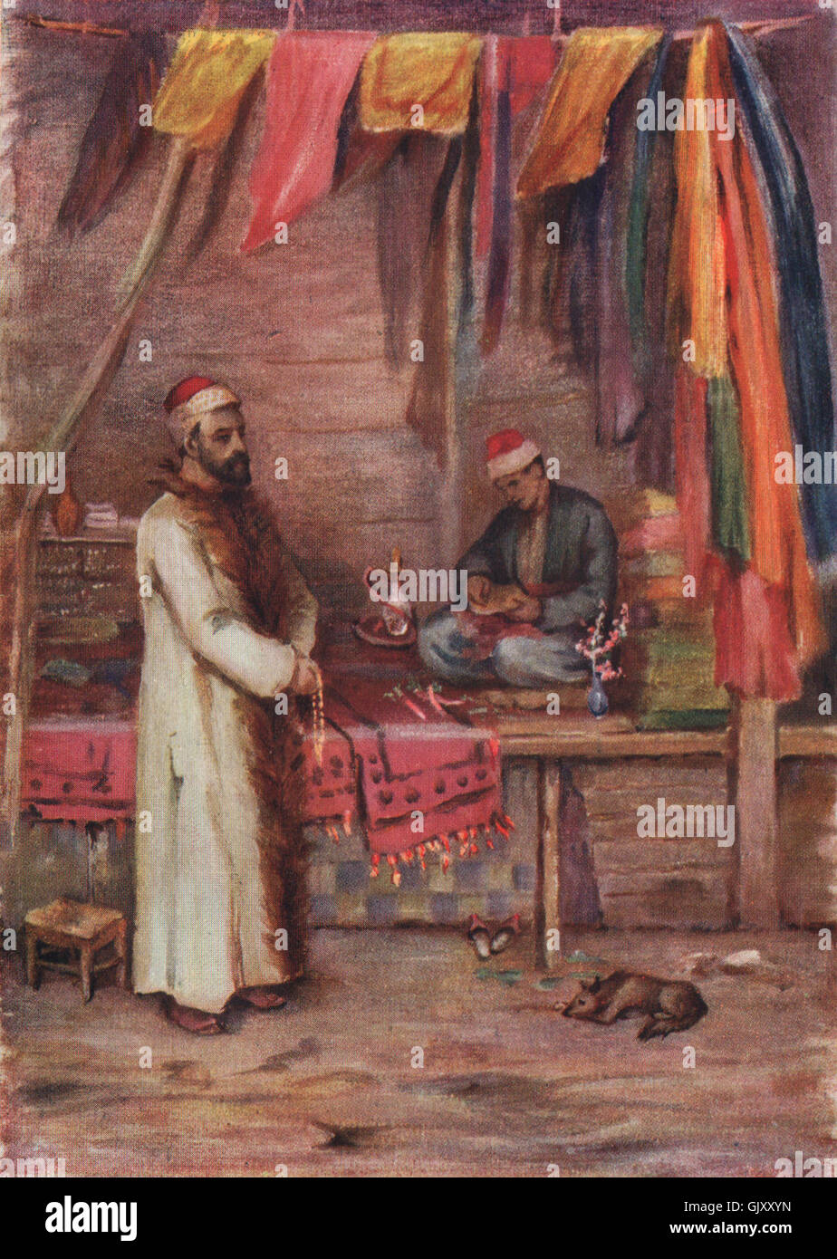 'A merchant, Grand Bazaar, Damascus' by Margaret Thomas. Syria, old print 1908 Stock Photo