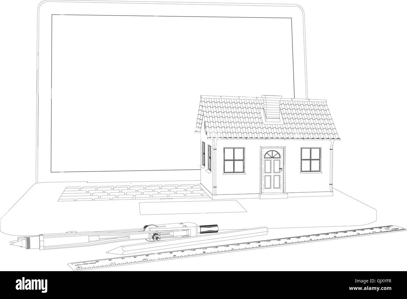 Sketch of house, laptop and engineer tools. Vector illustration Stock Vector