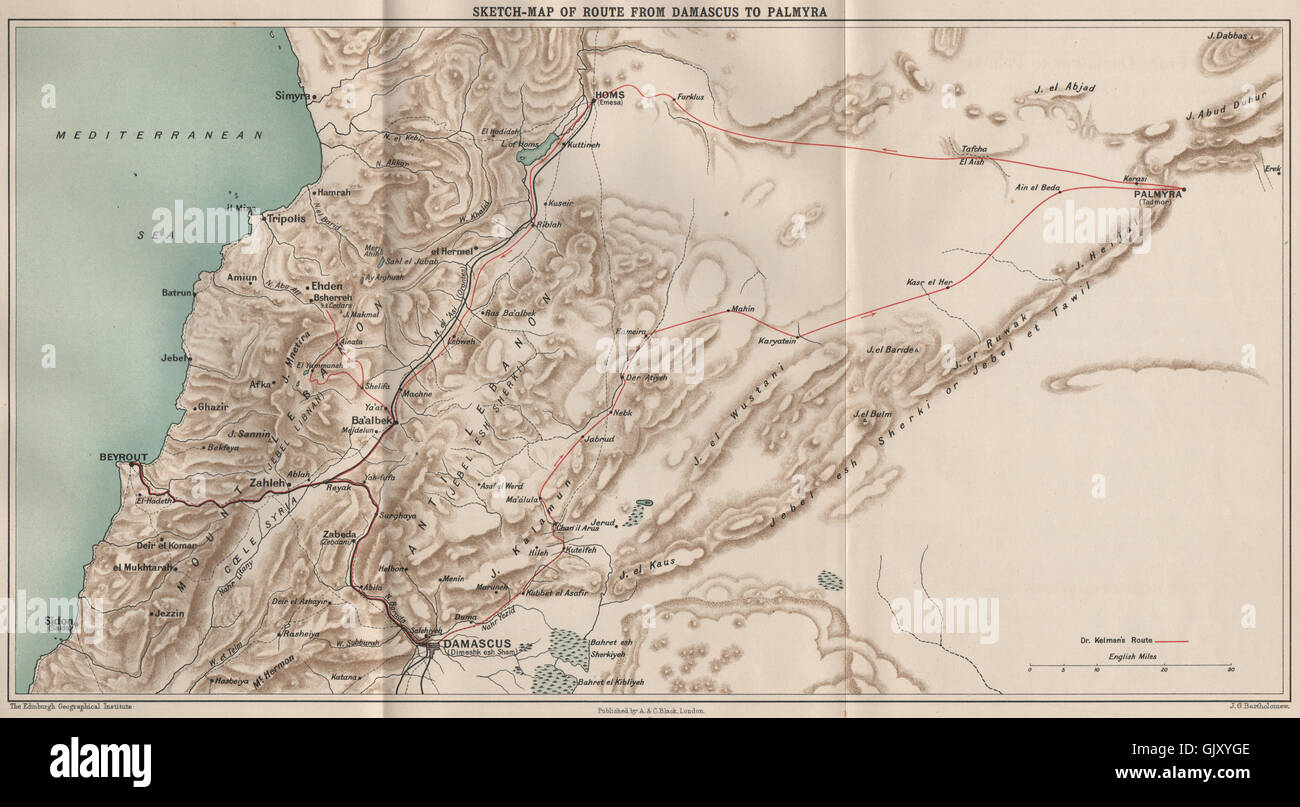 John Kelman's route from Damascus to Palmyra & Beirut. Lebanon/Syria, 1908 map Stock Photo