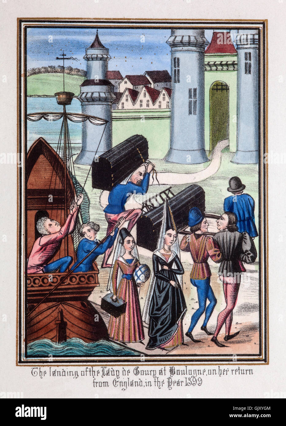 Lady de Courcy landing at Boulogne following her return from England in 1399. Stock Photo