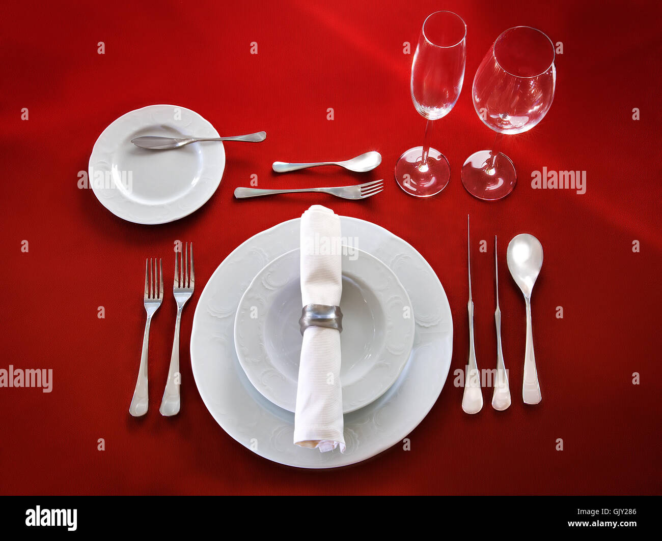 Perfect Table Setting On Red Cloth Background Stock Photo Alamy