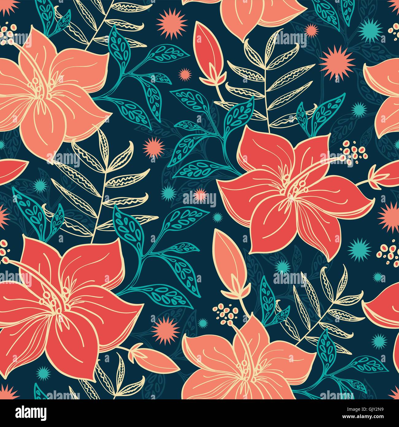 Vector vibrant tropical hibiscus flowers seamless pattern backgr Stock Vector