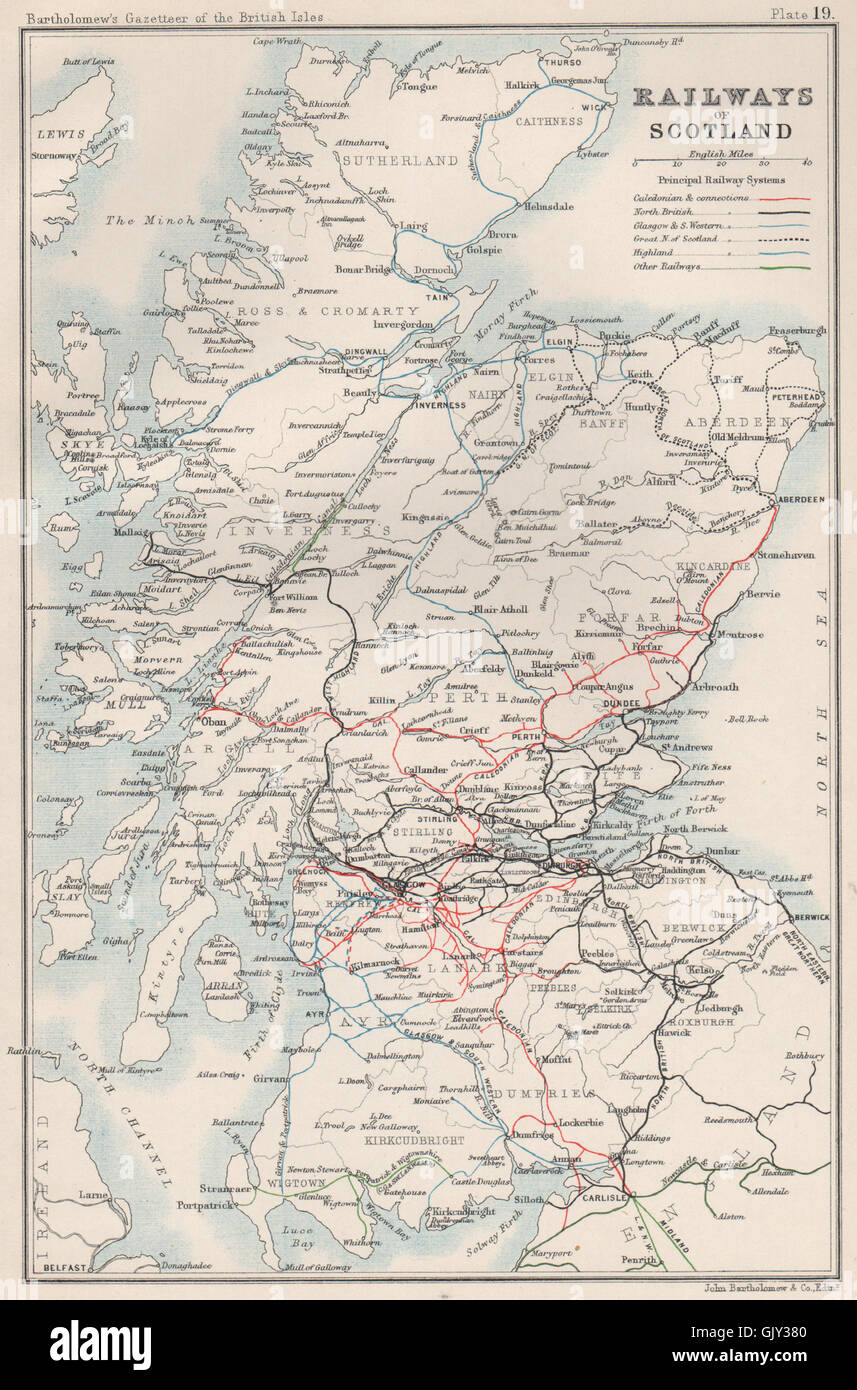 SCOTLAND RAILWAYS Caledonian North British Highland Glasgow S/Western, 1904 map Stock Photo