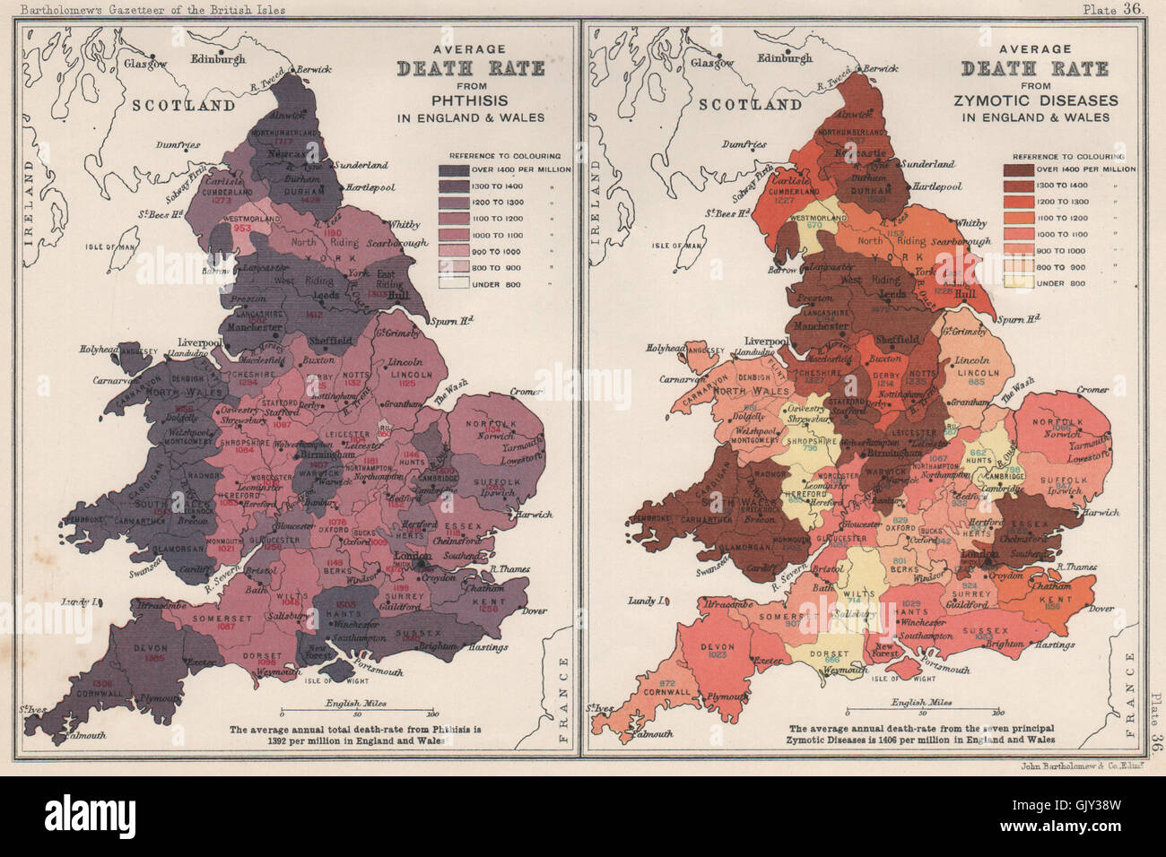 ENGLAND & WALES Phthisis (TB)/Zymotic (infectious) diseases death rate, 1904 map Stock Photo