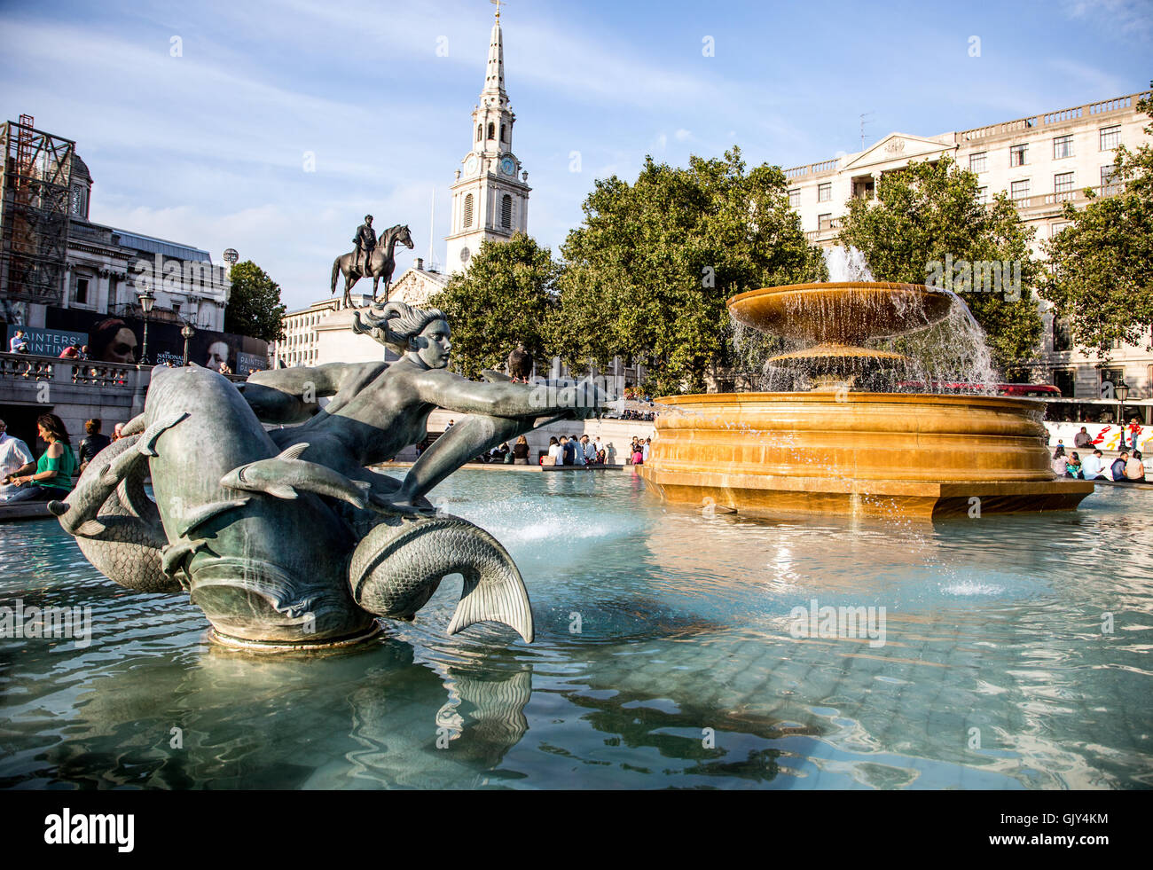 Sculpture and Fountains Trafalgar Square London UK Stock Photo