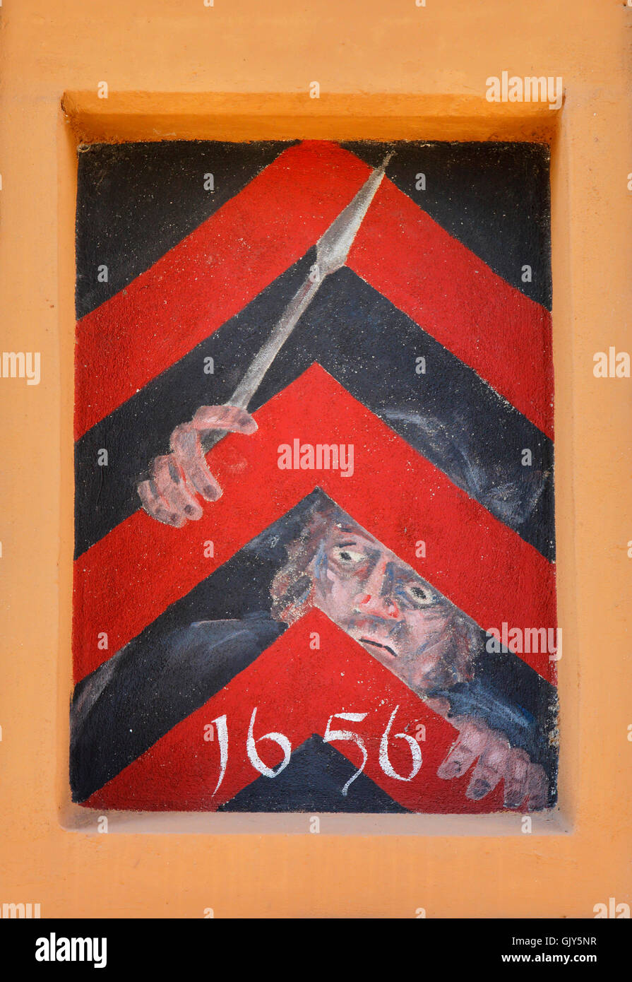 D-Worms, Rhine, Upper Rhine, Rhenish Hesse, Rhine-Neckar area, Rhine-Main district, Rhineland-Palatinate, D-Worms-Ibersheim, Ibersheim village, wall painting robber baron Heinrich von Mauderich at the farm Fass in the Menno Simons Strasse Stock Photo
