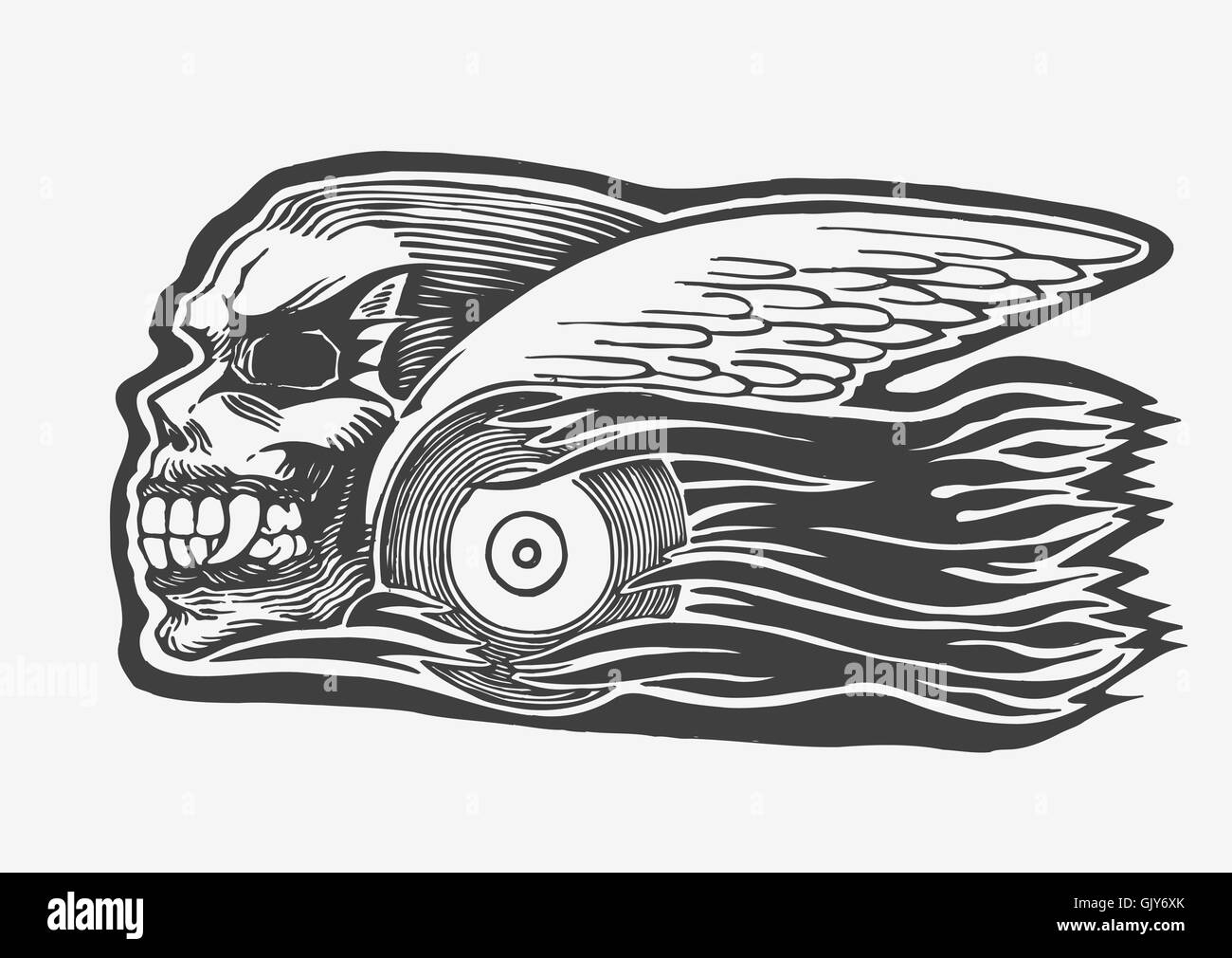 mad skull with wings and wheel and tongues of flame Stock Vector