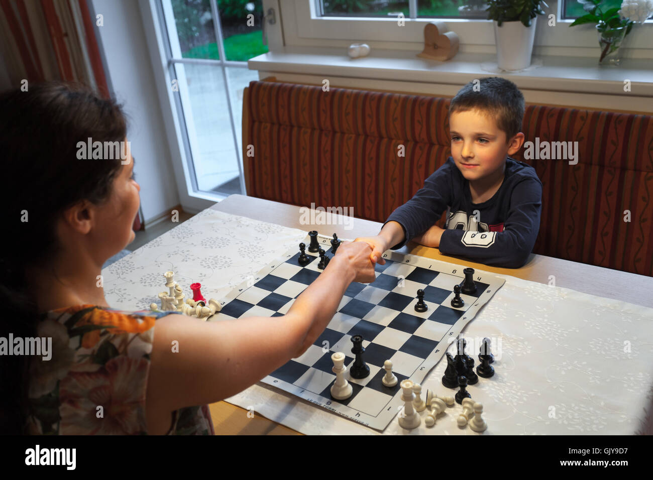 Young boy playing chess with his mother, handshake with the winner Stock Photo Alamy