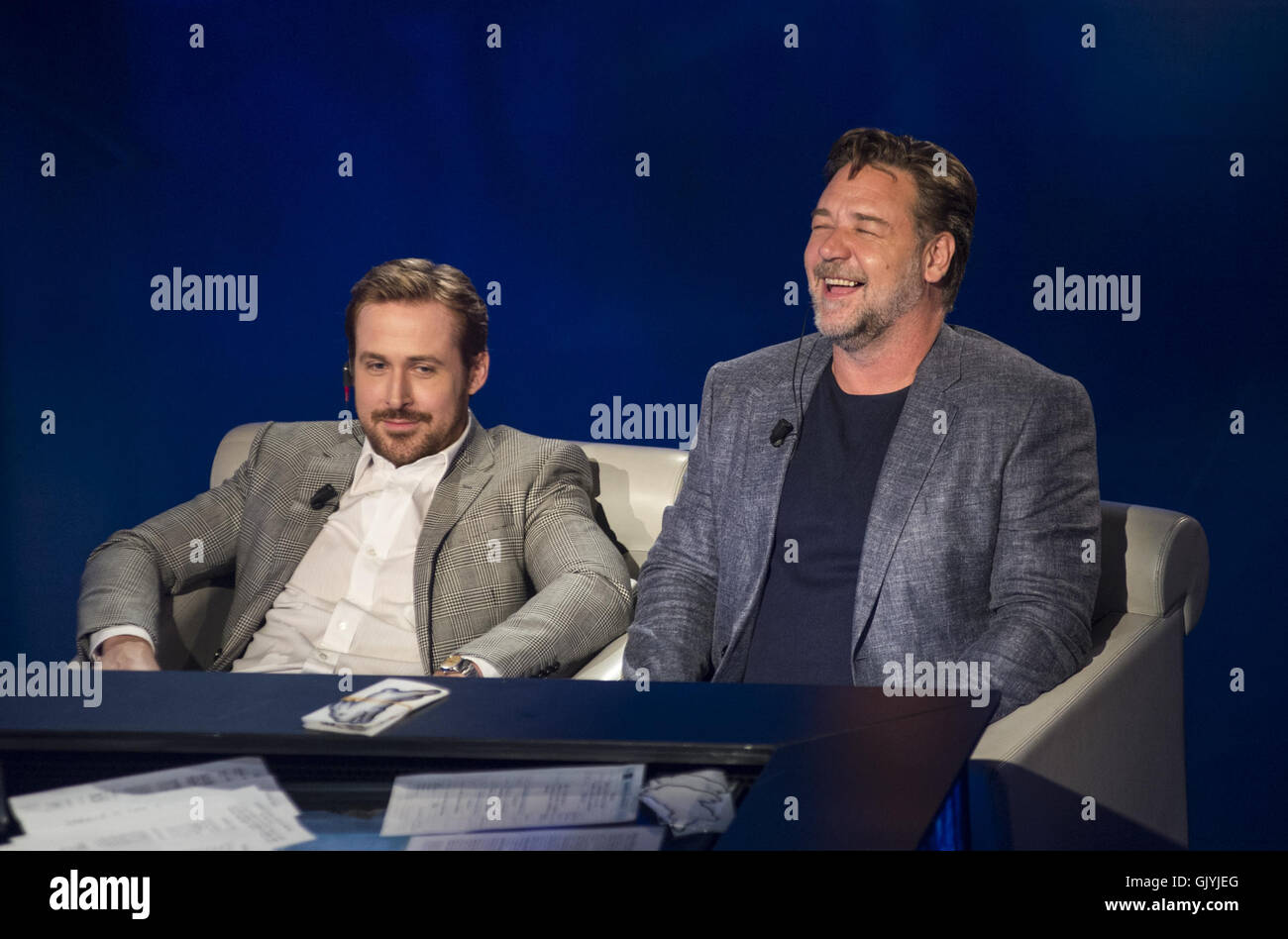 Ryan Gosling and Russell Crowe appear on Italian TV show 'Che tempo che fa'  Featuring: Ryan Gosling, Russell Crowe Where: Milan, Italy When: 22 May  2016 Credit: IPA/WENN.com **Only available for publication