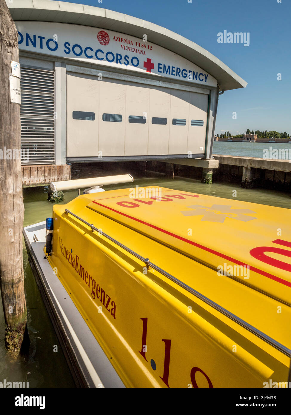 Moored ambulance boat out the emergency boathouse. Venice, Italy. Stock Photo