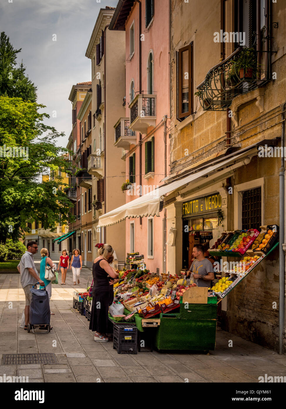 Outdoor fruit and vegetable stall in the Castello district of Venice, Italy. Stock Photo