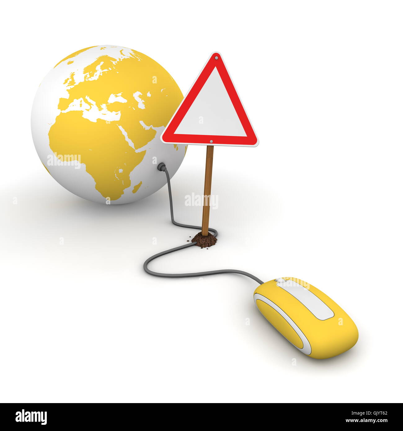 Surfing the Web in Yellow - Blocked by a Triangular Warning Sign Stock Photo