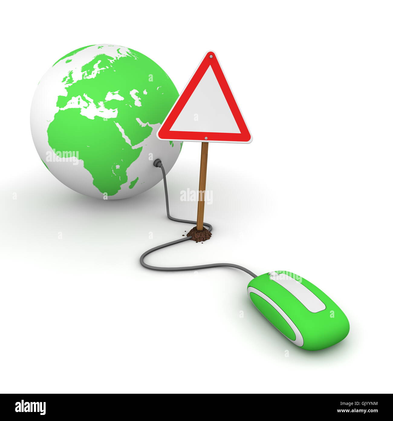 Surfing the Web in Green - Blocked by a Triangular Warning Sign Stock Photo