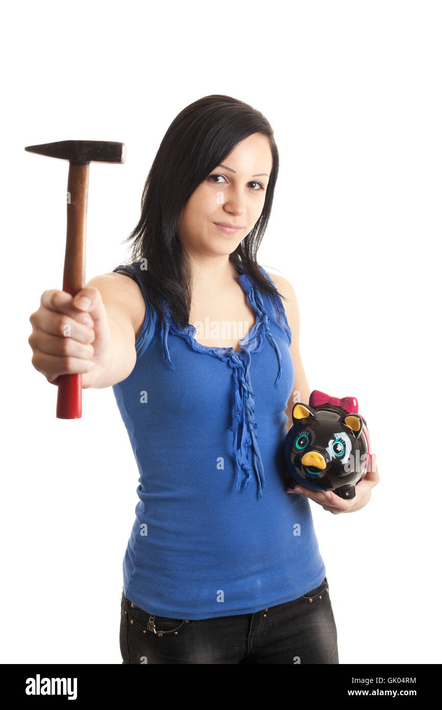young woman piggy bank hammer Stock Photo - Alamy