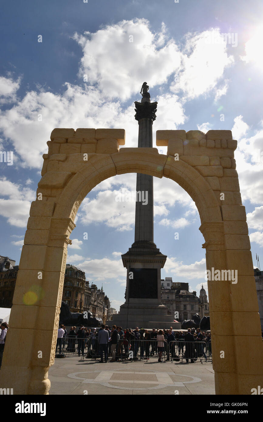 A 15 metre high replica of the Arch of Triumph is erected in Trafalgar Square to coincide with UNESCO’s World Heritage Week. The structure, created with a 3-D printer, is the project of The Institute of Digital Archaeology.  The original Arch, in the city Stock Photo