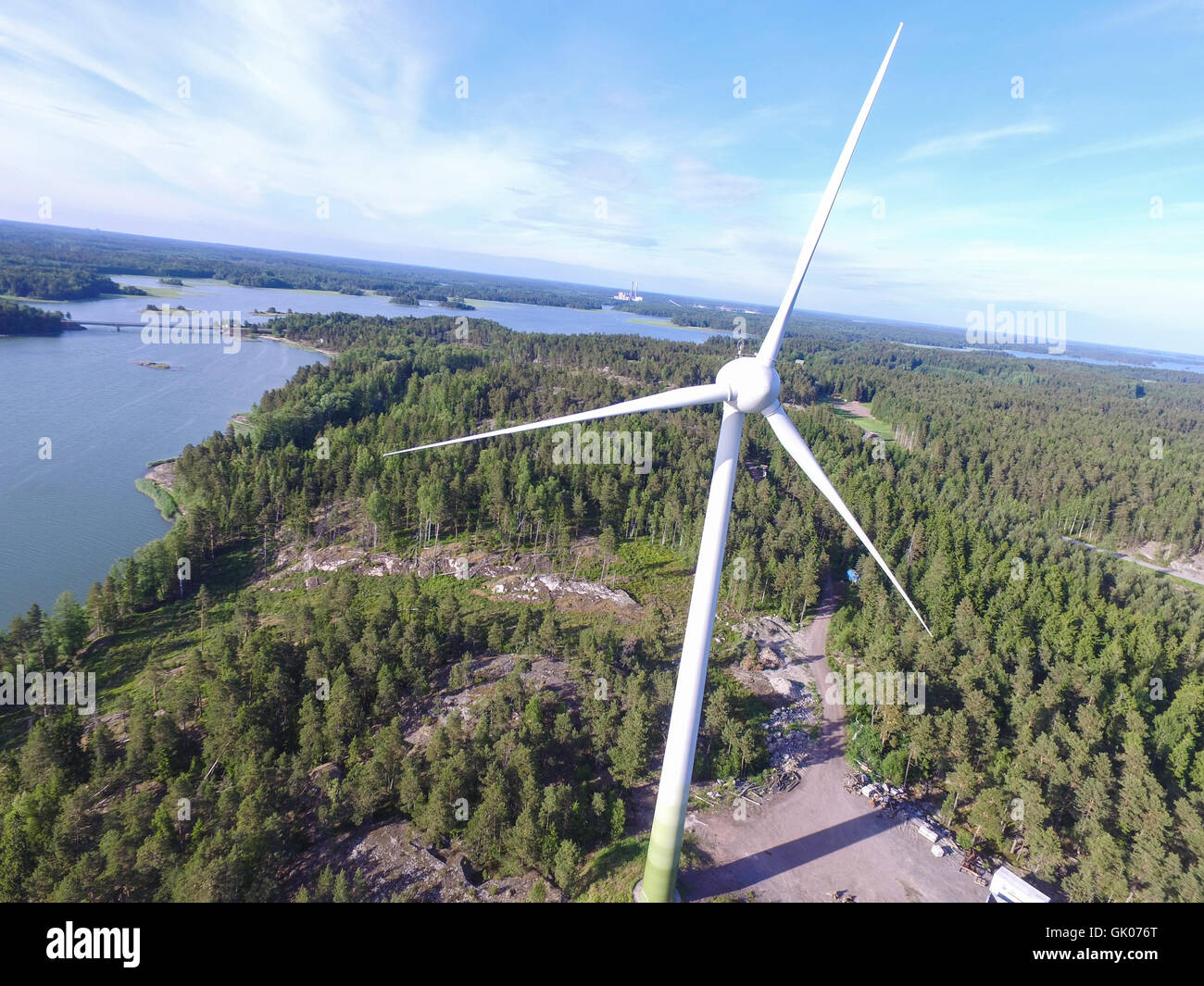 Aerial view on a white wind power mill, in finnish archipelago, outside barosund, in inkoo, Finland Stock Photo