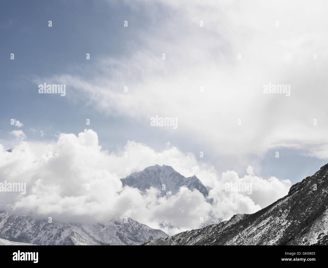 Jagged, snow covered Himalayan Mountains near Pheriche, Nepal Stock Photo